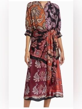 Farm Rio Paisley Satin Tie-Waist Midi Dress in Burgundy and Rust